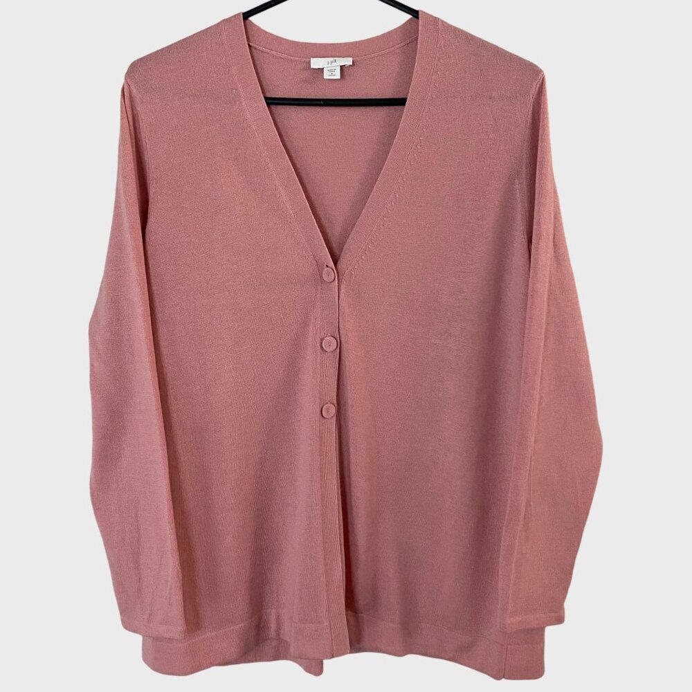 J.Jill Button-Front Cardigan V-Neck Sweater Pink Small Petite Wool Long-Sleeve